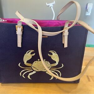 Elegant Navy Tote with Gold Crab Embroidery